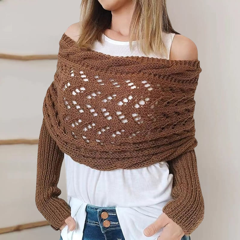 Elegant Knitting Overlapping Back Structure Long-sleeved Shawl - Brown - 44*23cm - image 12