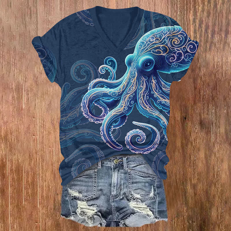 Vintage Wise Ocean Octopus Print V-neck T-shirt - Blue - US32-34(5XL) - image 4