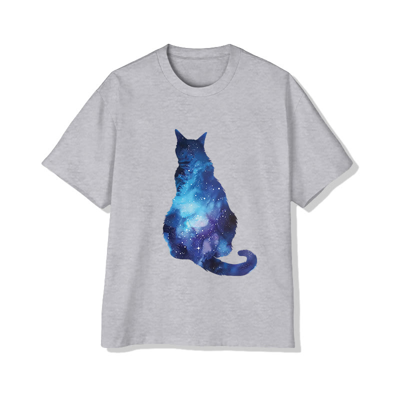 Unisex Aurora Cat Silhouette Print Short Sleeved Crew Neck T-shirt - Grey - 2XL - image 4