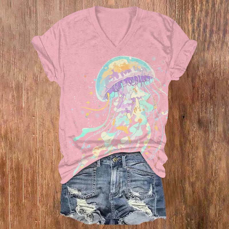 Vintage Wonderful Jellyfish Art Print V-neck T-shirt - Pink - US32-34(5XL) - image 4