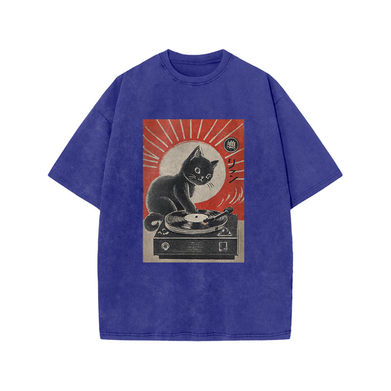 Japanese Black Cat Playing The Turntable Print Acid Washed T-shirt - Blue - US20-22(3XL) - image 8