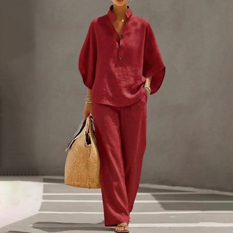 Casual Solid Loose-fitting 3/4 Sleeve Blouse&wide-leg Pants Set - Wine - 5XL - image 6