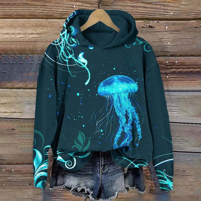 Retro Fantasy Glowing Jellyfish Art Print Long Sleeve Hoodie - Green - US44-46(8XL) - image 3