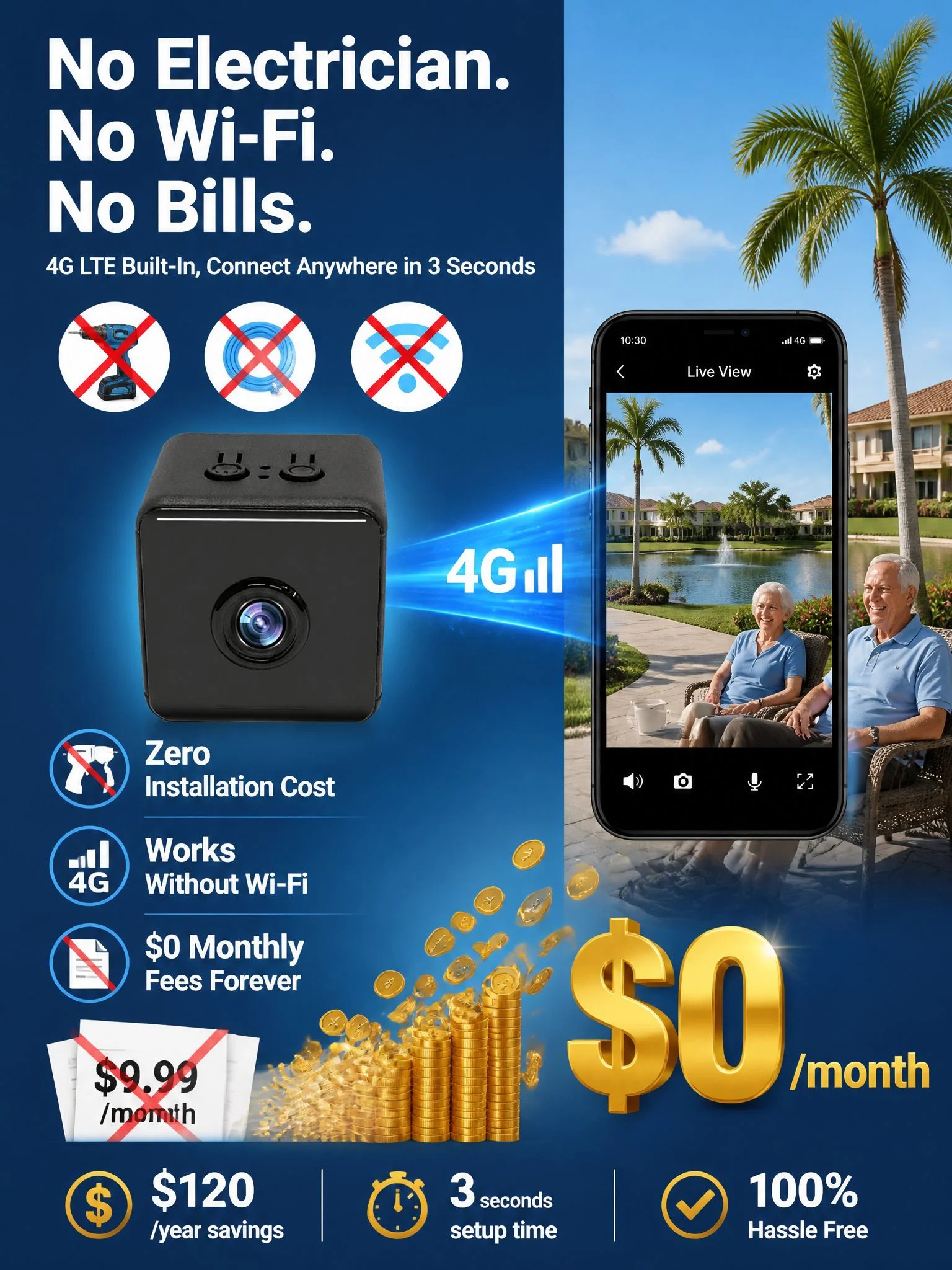 No Electrician No WiFi No Monthly Fees
