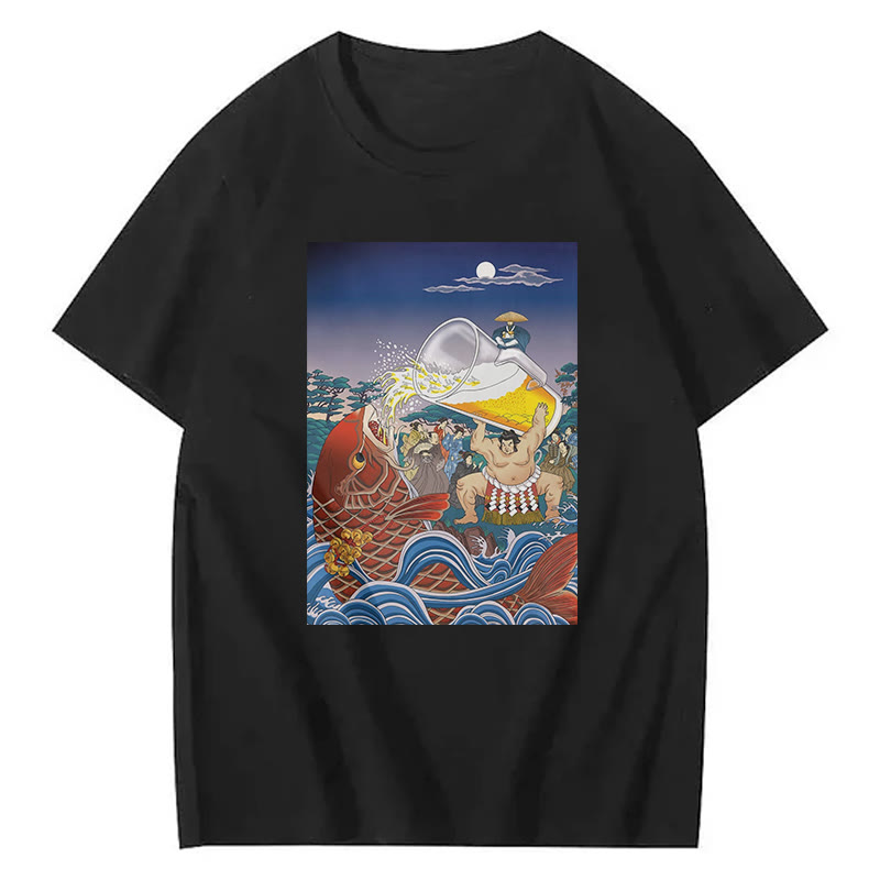 Beer Ukiyo-E Print Short Sleeved Crew Neck T-Shirt - Black - 2XL - image 7