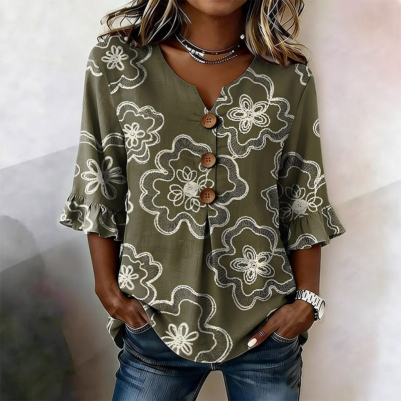 Stylish Floral Print Button V-neck Blouse With Ruffle Sleeves - Army Green - 3XL - image 1