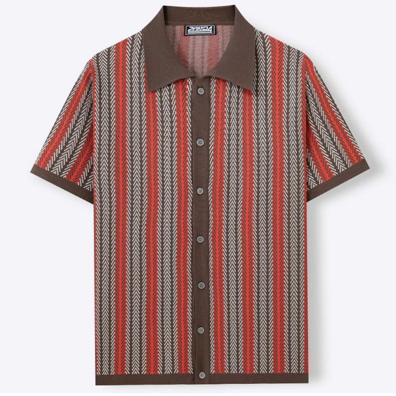 Knitted Striped Lapel Shirt - Red - 3XL - image 8
