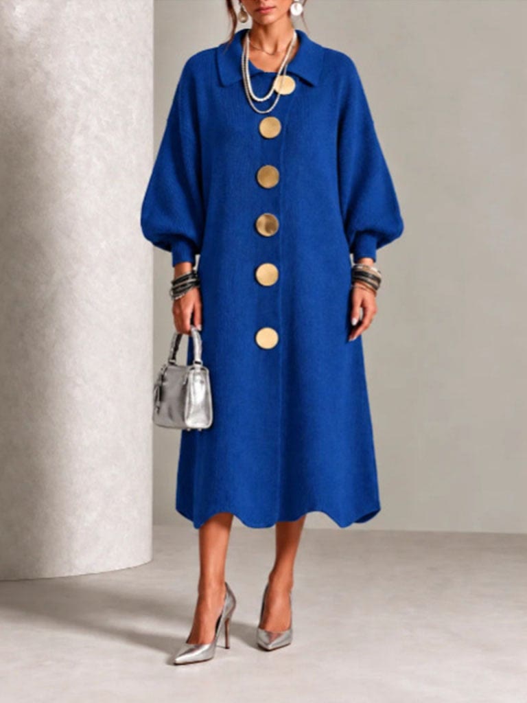 Women's Ribbed Knit Midi Cardigan Dress | Lapel Collar Lantern Sleeve, Statement Button Front - Royal Blue - 2XL - image 10