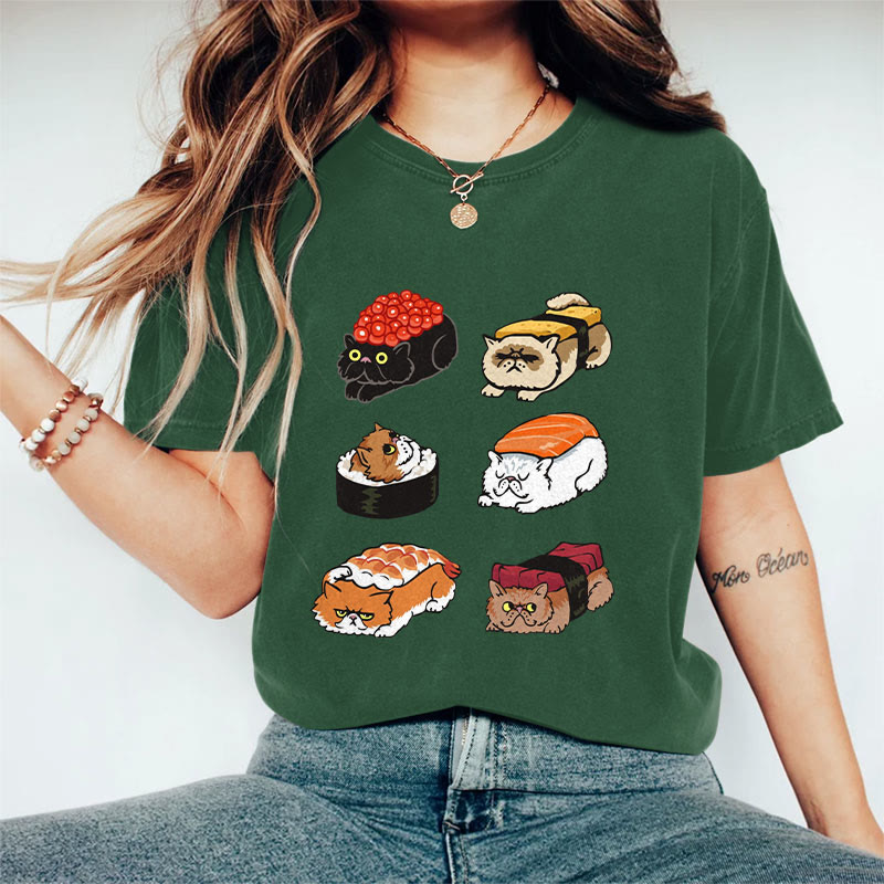 100% Cotton Funny Sushi Cat Art Print T-shirt - Dark Green - US16-18(2XL) - image 6