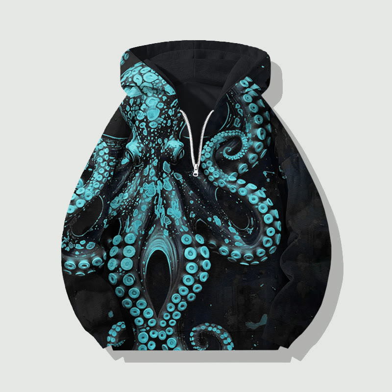 Unisex Vintage Octopus Art Print Half Zip Hoodie - Green - US32-34(5XL) - image 3