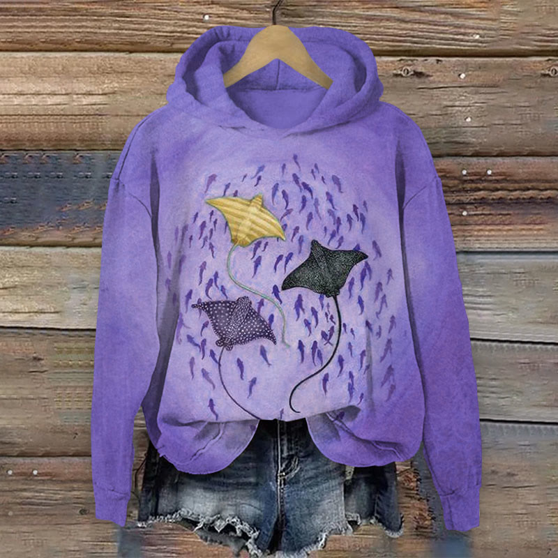 Ocean School Of Manta Ray  Print Long Sleeve Hoodie - Light Purple - US44-46(8XL) - image 4