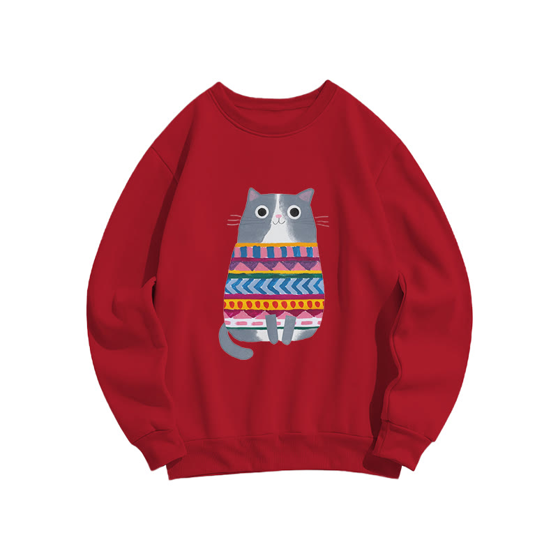 Funny Cat Wearing Colorful Striped Sweater Print Crew Neck Sweatshirt - Red - US16-18(2XL) - image 8