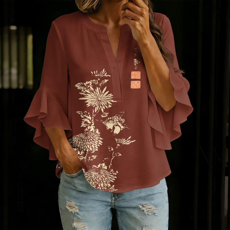 Vintage Chrysanthemum Printed V-neck Half Sleeve Blouse - Red - 5XL - image 7