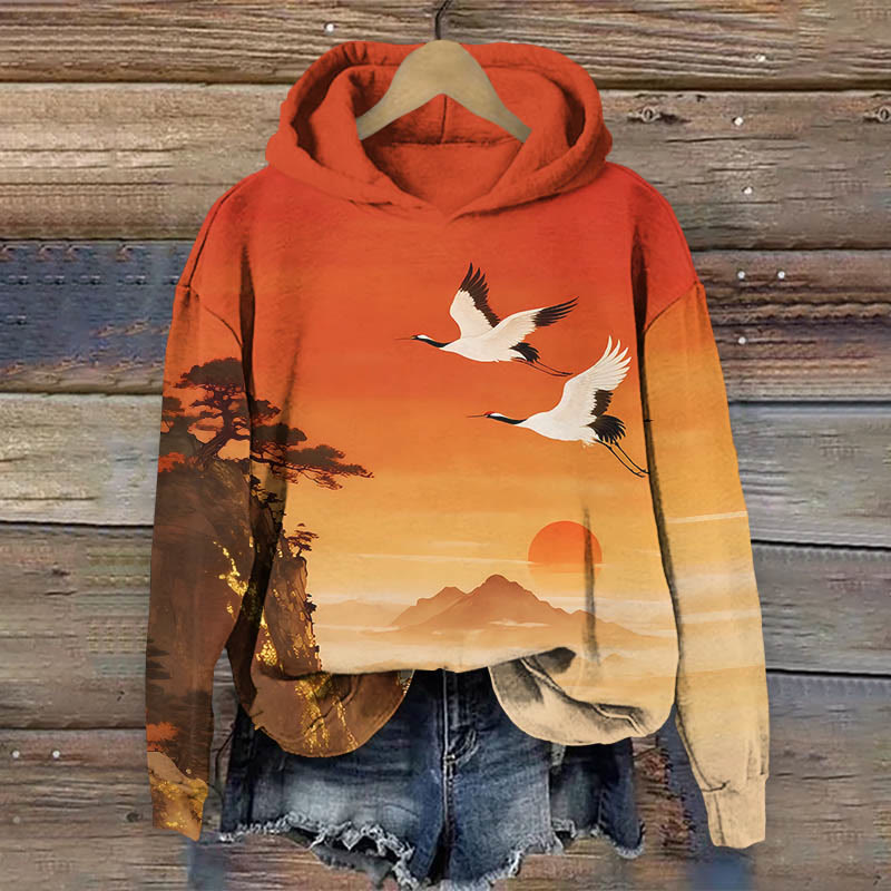 Japanese Watercolor Sunset & Flying Crane Print Long Sleeve Hoodie - Red - US44-46(8XL) - image 3