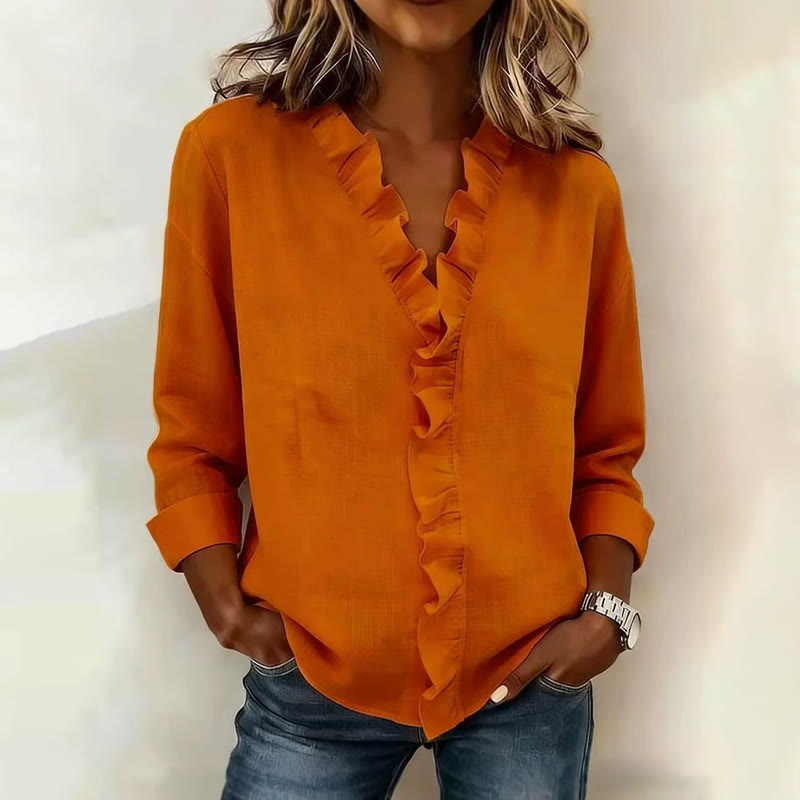 Elegant Cozy Solid Overlapping Ruffle V-neck Long-sleeve Blouse - Orange - 3XL - image 8
