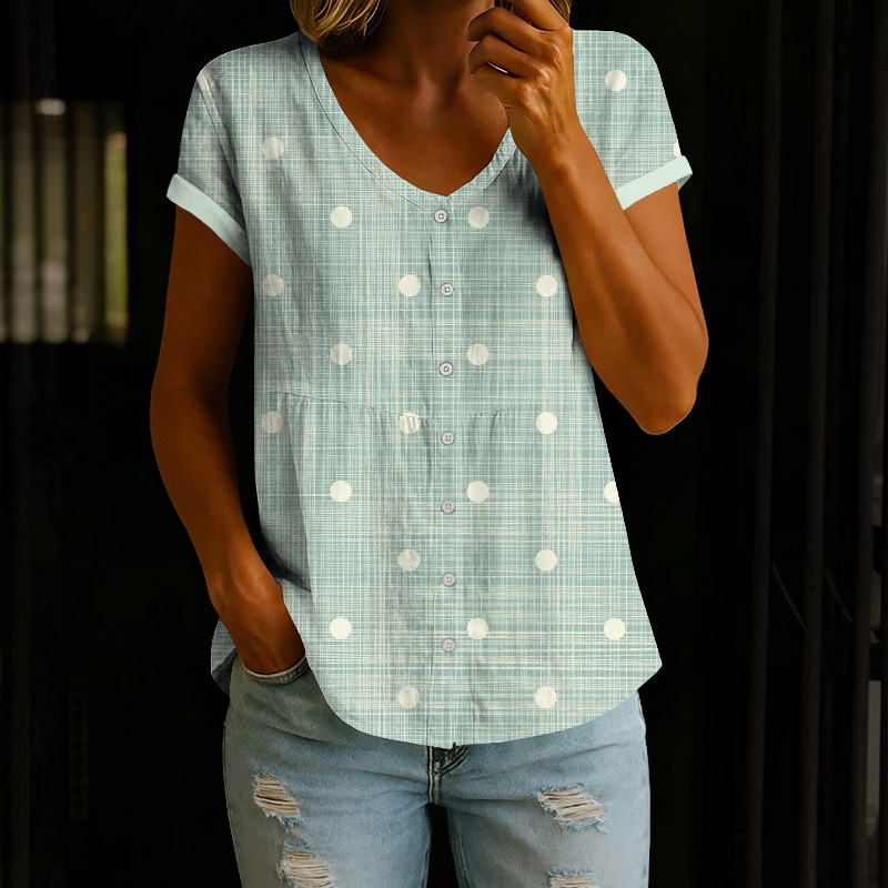 Vintage Polka Dots Plaid Art Print Button V-neck A-line Short-sleeve Blouse - Light Green - 4XL - image 1