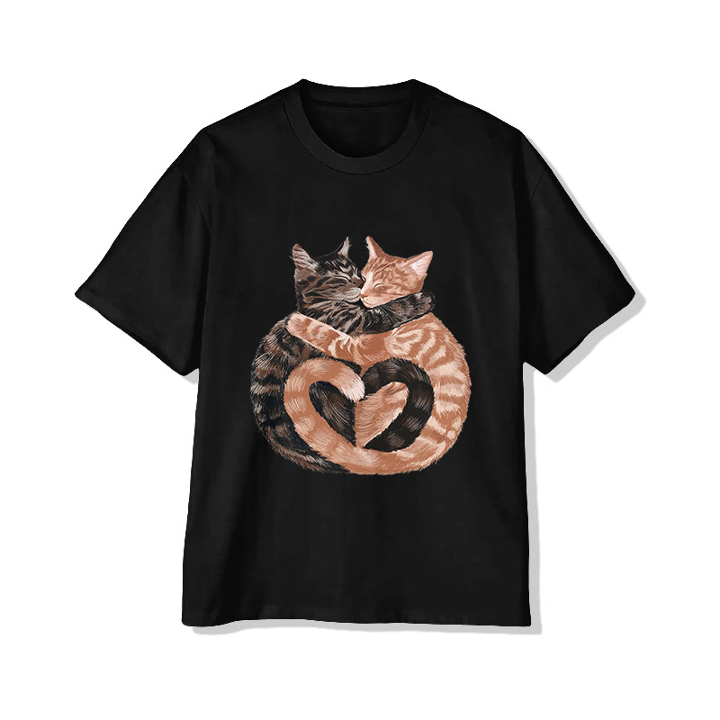 Unisex Valentine's Day Heart Shaped Cat Print Short Sleeved Crew Neck T-Shirt - Black - 2XL - image 5