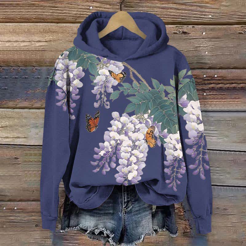 Japanese Watercolor Lavender Blossom Art Print Long Sleeve Hoodie - Blue - US44-46(8XL) - image 6