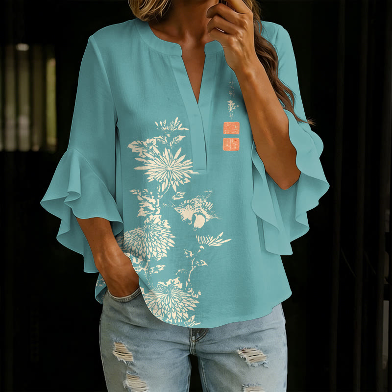 Vintage Chrysanthemum Printed V-neck Half Sleeve Blouse - Blue - 5XL - image 6