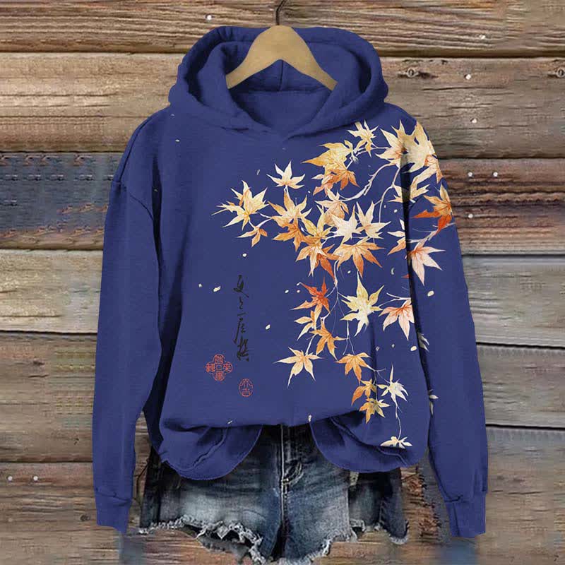 Japanese Watercolor Maple Leaf In Fall Art Print Long Sleeve Hoodie - Blue - US44-46(8XL) - image 6