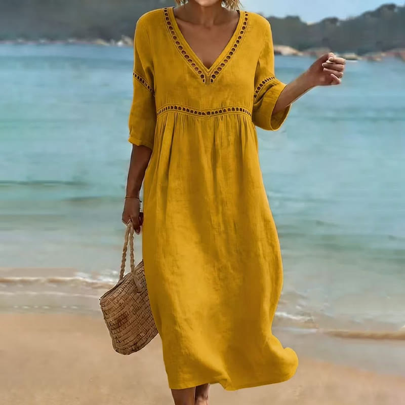 Elegant Solid Openwork Lace V-neck Half Sleeve Maxi Dress - Yellow - 3XL - image 3