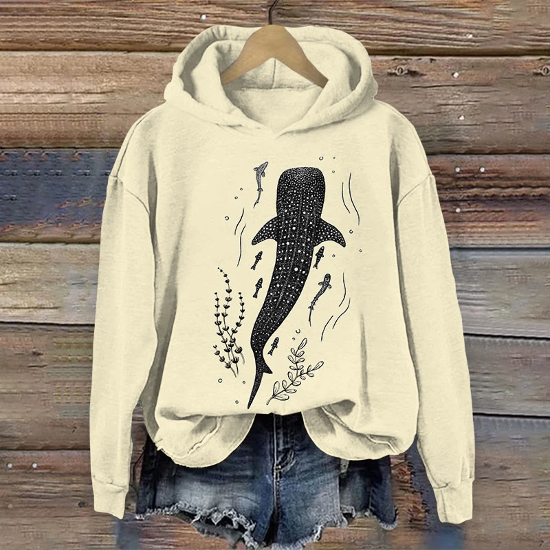 Japanese Ocean Whale Shark Print Long Sleeve Hoodie - Apricot - US44-46(8XL) - image 3
