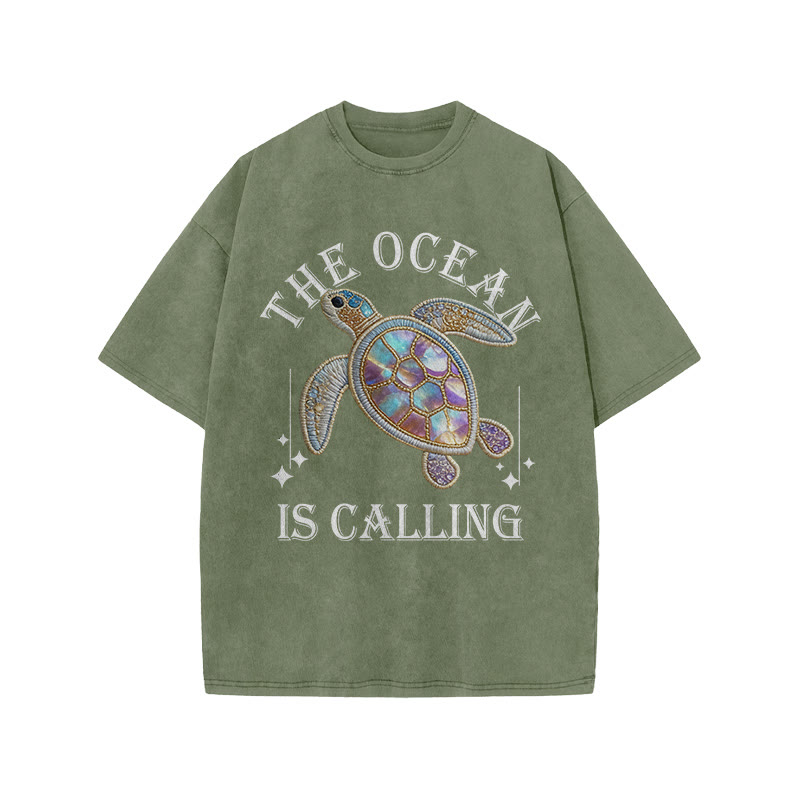 The Ocean Is Calling Sea Turtle Print Acid Washed T-shirt - Army Green - US20-22(3XL) - image 5