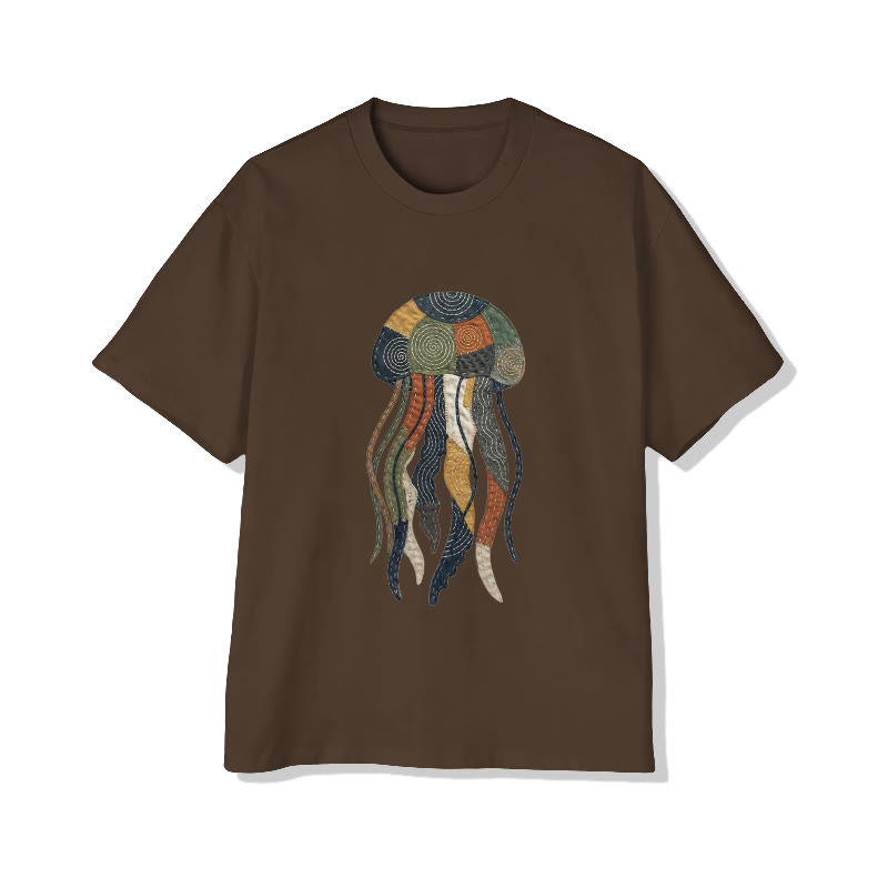 Ocean Jellyfish Art pattern Print Pattern Cotton Print T-Shirt - Coffee - US16-18(2XL) - image 8