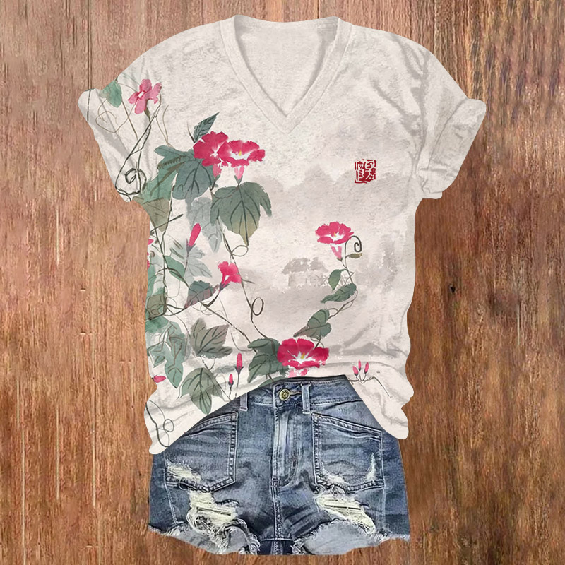 Vintage Watercolor Morning Glory Print Short Sleeved V-neck T-shirt - Apricot - US32-34(5XL) - image 1