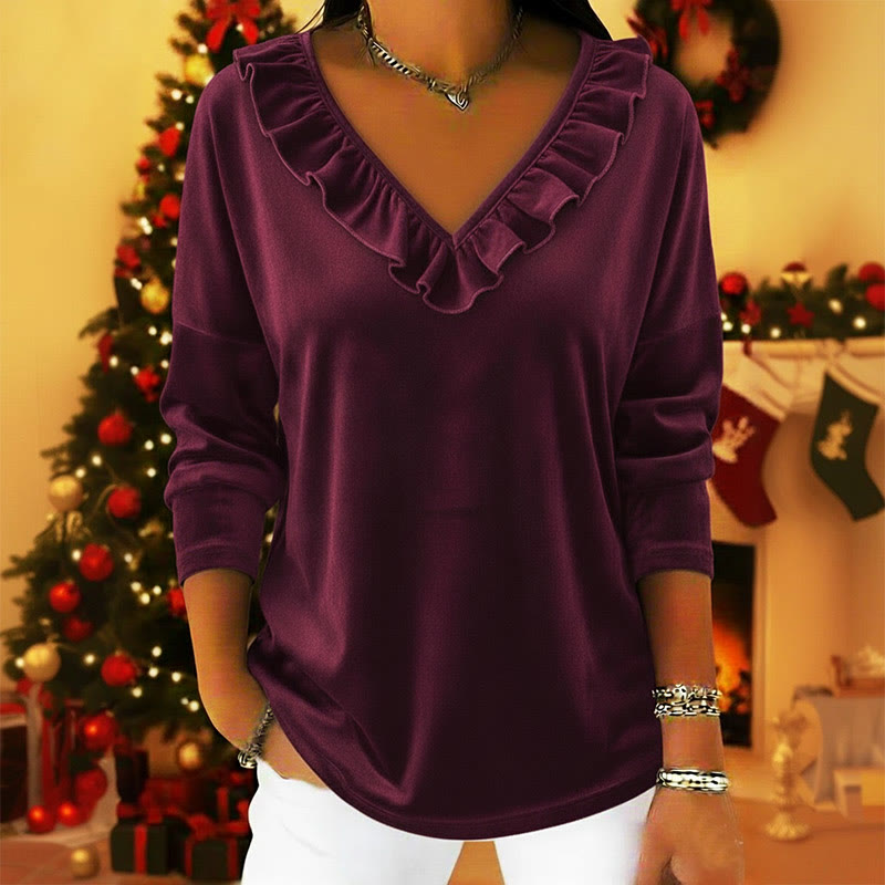 Women's Velvet V-Neck Ruffled Pullover Top - Purple - 3XL - image 4