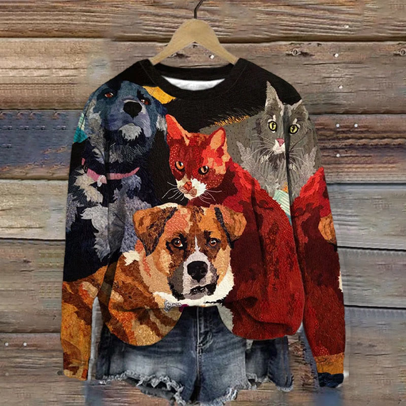 Cat And Dog Print Crew Neck Casual Sweatshirt