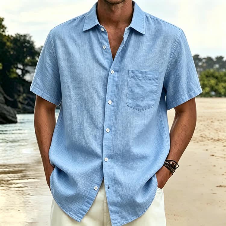 Cozy Solid Texture Button-up Short Sleeve With Pocket Lapel Shirt - Sky Blue - 5XL - image 13