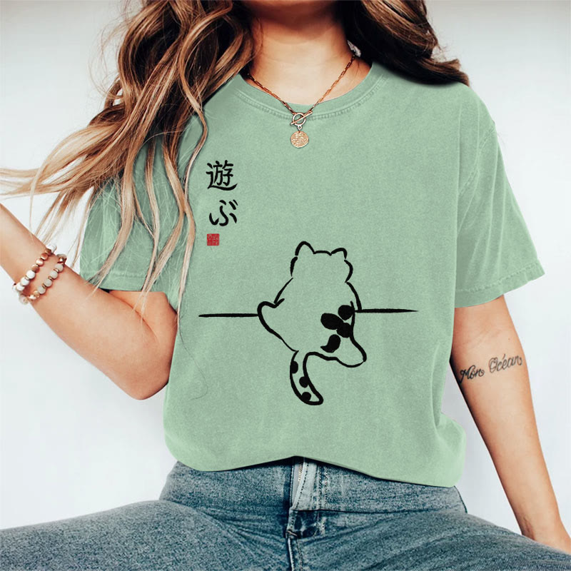 100% Cotton Women's Japanese Ink Watercolor Cat Art Print Casual T-shirt - Green - 2XL - image 5