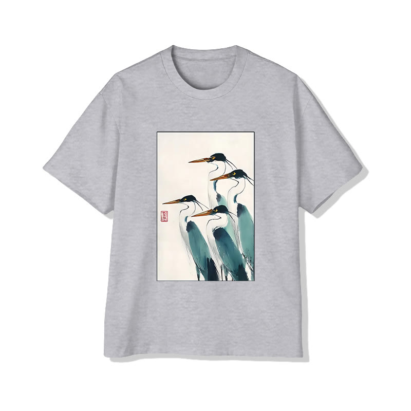 Unisex Japanese Crane Print Short Sleeved Crew Neck T-shirt - Grey - 2XL - image 3