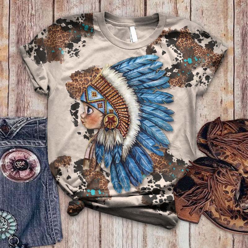 Western Style Cute Indian Print Casual Short Sleeve T-shirt