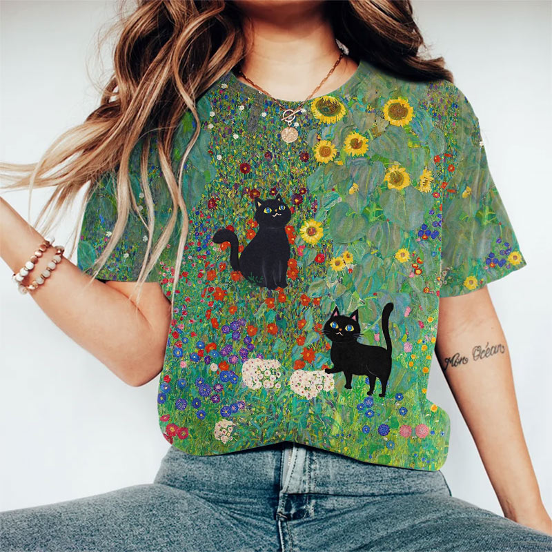 Two Black Kittens In Gustav Klimt Garden Print T-shirt