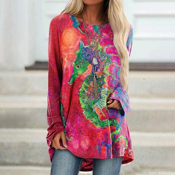 Contrast Color Seahorse Oil Painting Print Tunic