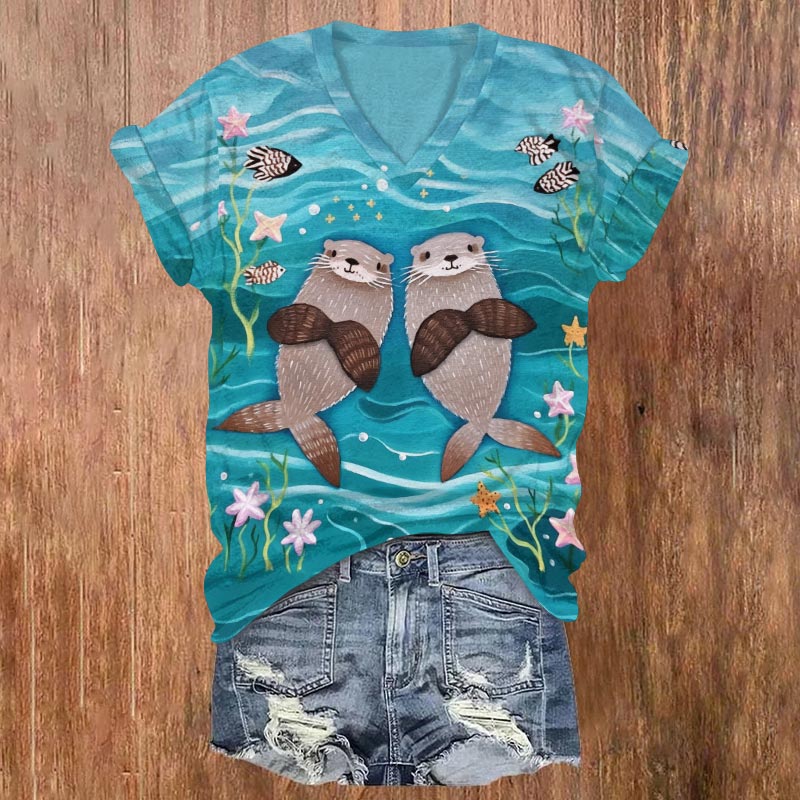 Underwater World Cute Sea Otter Print V-neck T-shirt
