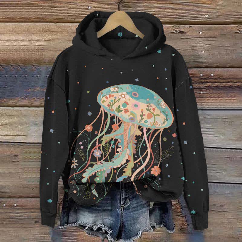Japanese Creative Floral Jellyfish Art Print Long Sleeve Hoodie - Black - US44-46(8XL) - image 6