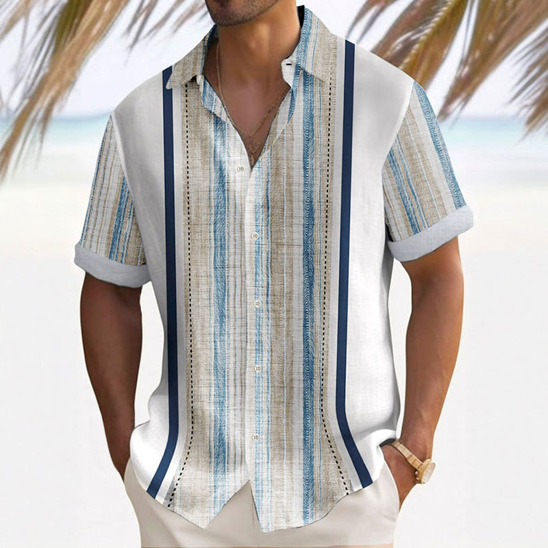 Men's Retro Stripe Design Printed Casual Resort Shirt - White - 5XL - image 1