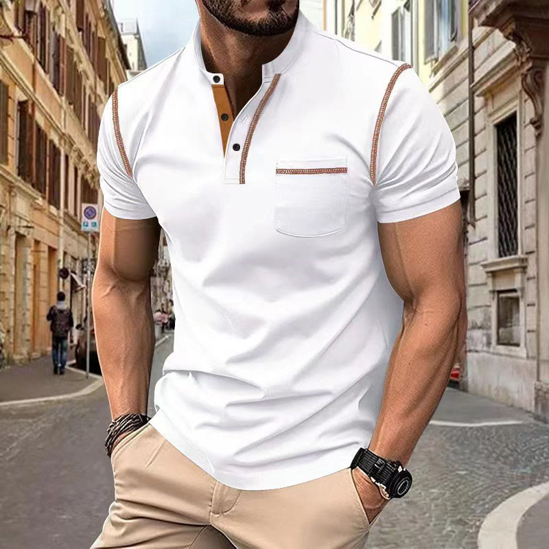 Casual Men's Short Sleeve Henley Polo Shirt - White - 3XL - image 2