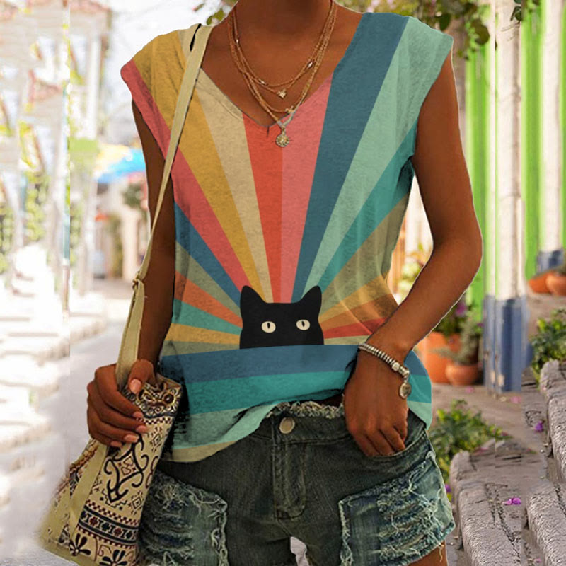 Rainbow Cat Print Sleeveless V-neck Tank Top