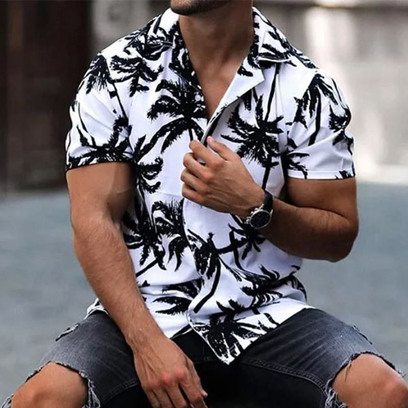 Holiday Coconut Tree Silhouette Print Camp-collar Shirt - White - 6XL - image 1