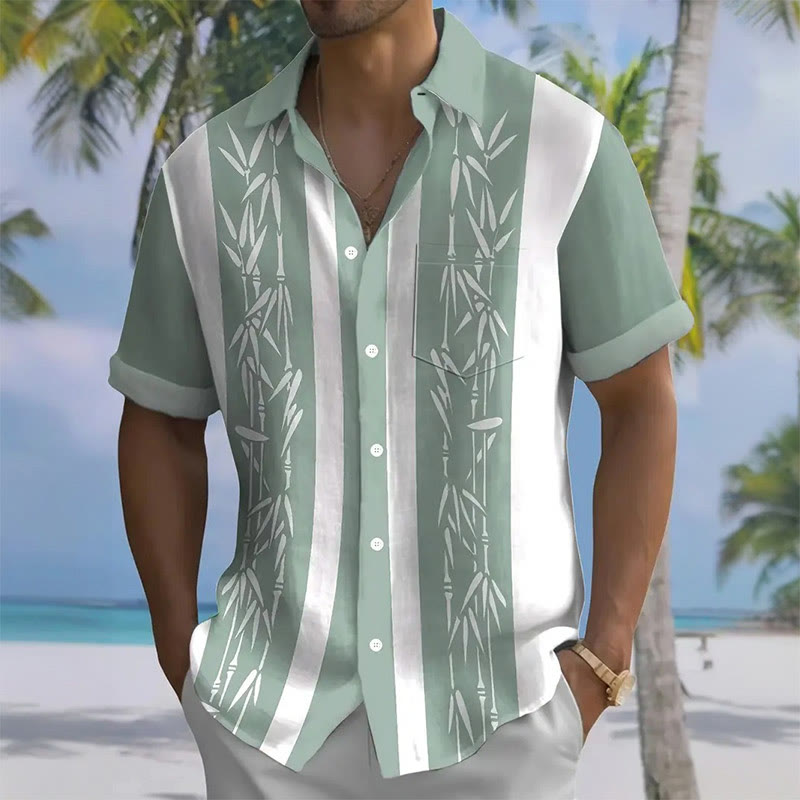 Men's Bamboo Print Hawaiian Short Sleeve Lapel Shirt - Green - 5XL - image 1