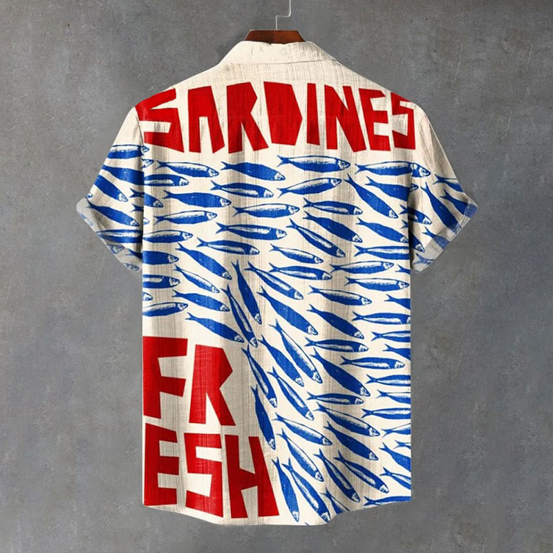 Vintage Fish Sardines Art Print Casual Short Sleeve Lapel Shirt - image 2