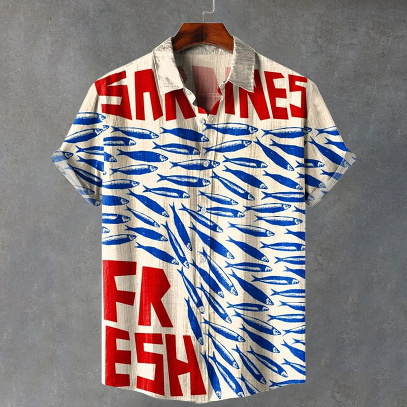 Vintage Fish Sardines Art Print Casual Short Sleeve Lapel Shirt - Apricot - 5XL - image 1