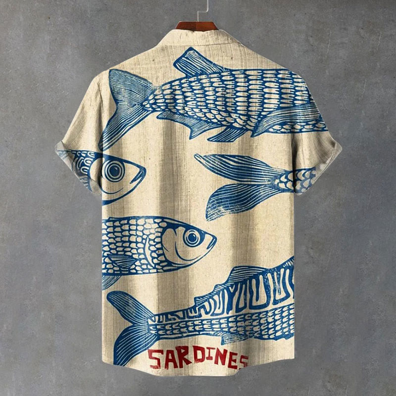 Vintage Fish Sardines Art Print Short Sleeve Lapel Shirt - image 2