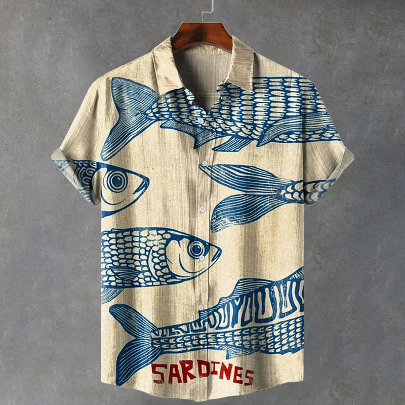 Vintage Fish Sardines Art Print Short Sleeve Lapel Shirt - Apricot - 5XL - image 1