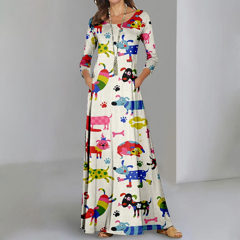 Women's Multiple Colorful Pet Dogs Paradise Art Print Long Sleeve Maxi Dress