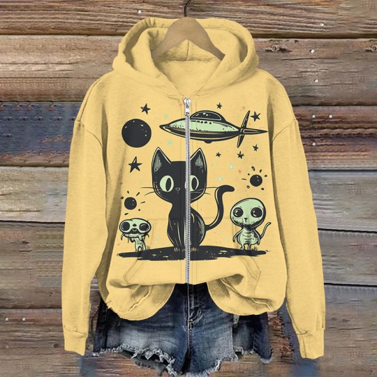 Funny Alien Flying Saucer Cat Print Zip Up Hoodie